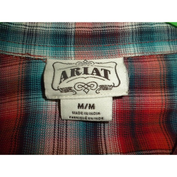 Ariat Shirt Womens M Red Blue Plaid Pearl Snap Western Embroidered Rodeo Cowgirl - Picture 5 of 13